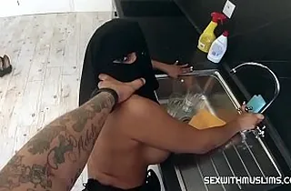 Big-titted Muslim wifey gets the brush cock-squeezing pantry screwed while dressed in a hijab