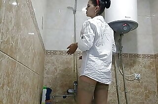 taking a shower in a shirt masturbating with a fake penis hairy