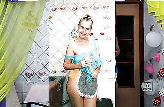 Cheerful Lukerya, as usual, is engaged in erotic cleaning in a see-through mesh on humungous dangling boobs in yellow panties