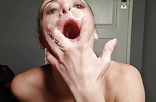 Gagging my slut face well inhaling spit bubbles and spitting on my saggy tits, spit play fetish