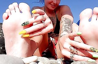 Foot fetish on the beach by Dominatrix Nika. Lick her salty river toes